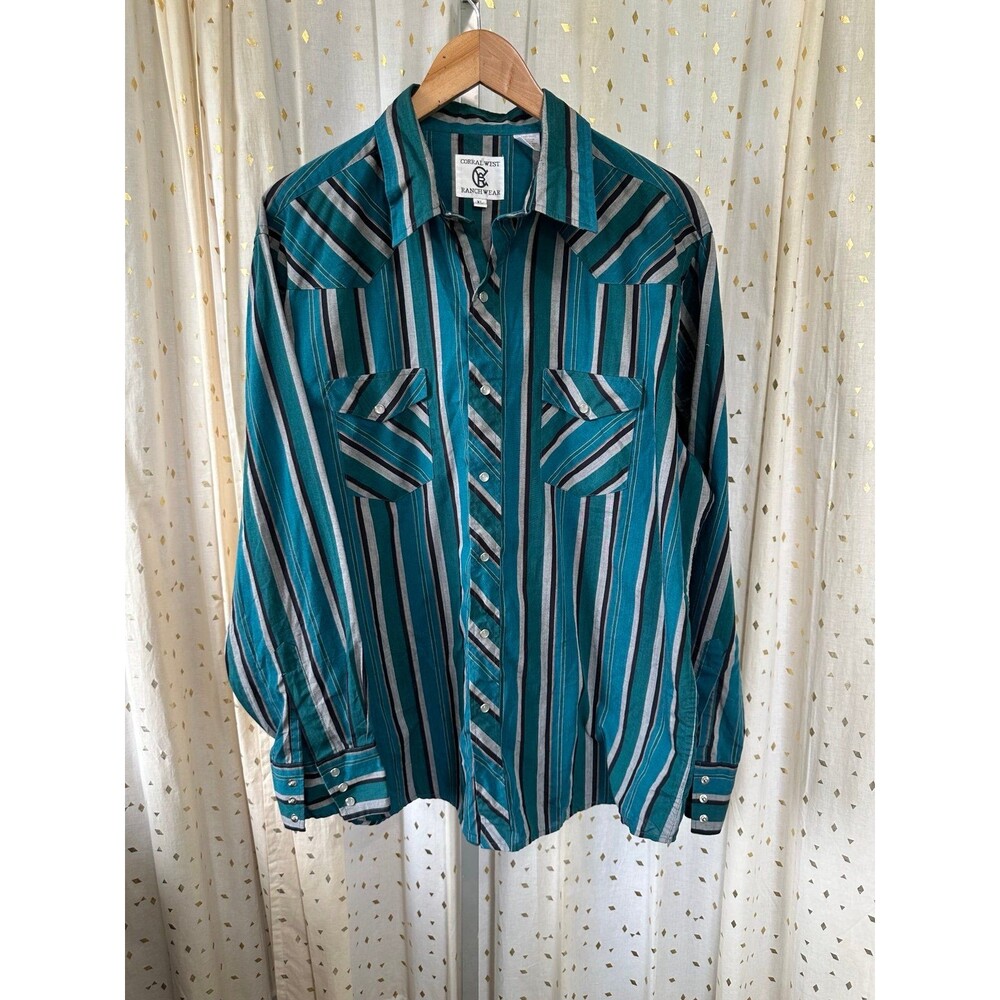 Corral West Ranch Wear Southwestern Teal Stripe Snap Button Up Collar Shirt XL